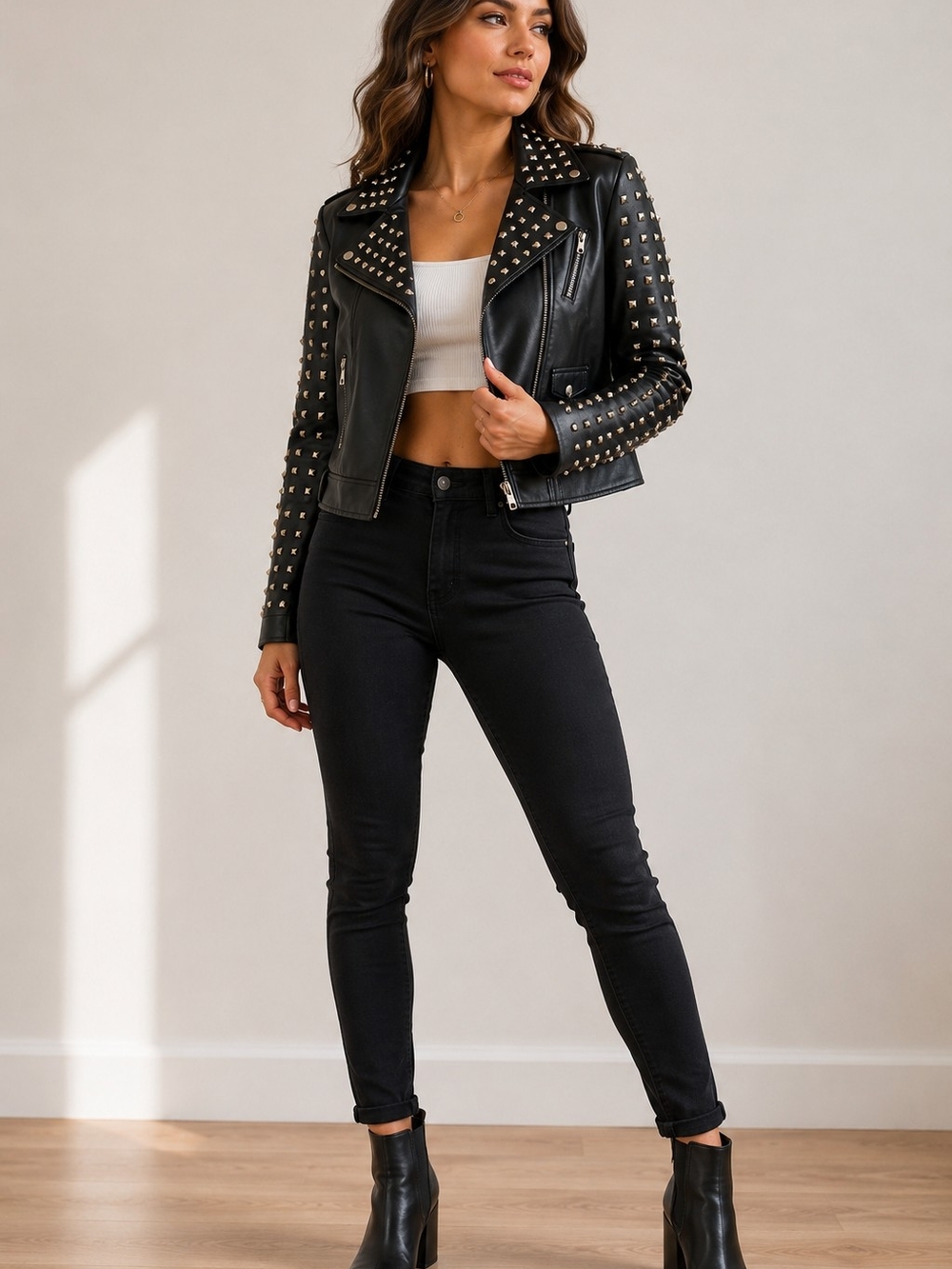Women’s XXL Black Faux Leather Studded Moto Biker Jacket